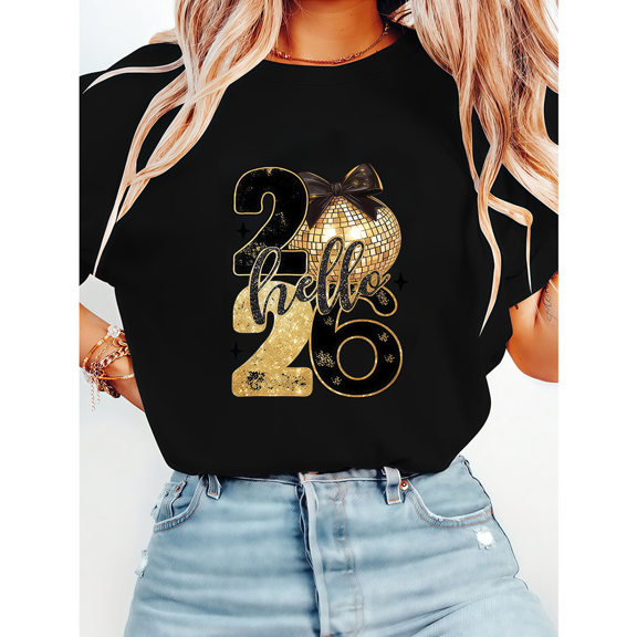 Womens 2026 Hello New Year Print Tshirts Happy Disco Ball Design Graphic Tees Short Sleeve Shirts Casual Tops for Holiday Black,L