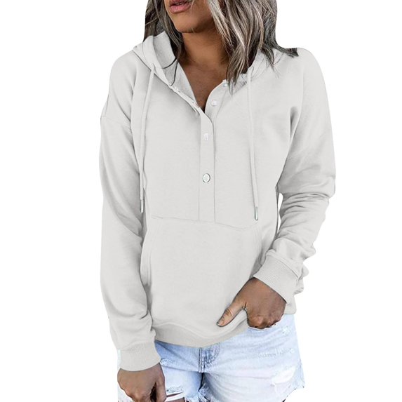 Womens 2026 Hooded Button Collar Drawstring Hoodies Pullover Sweatshirts Casual Long Sleeve Tops Loose Shirts
