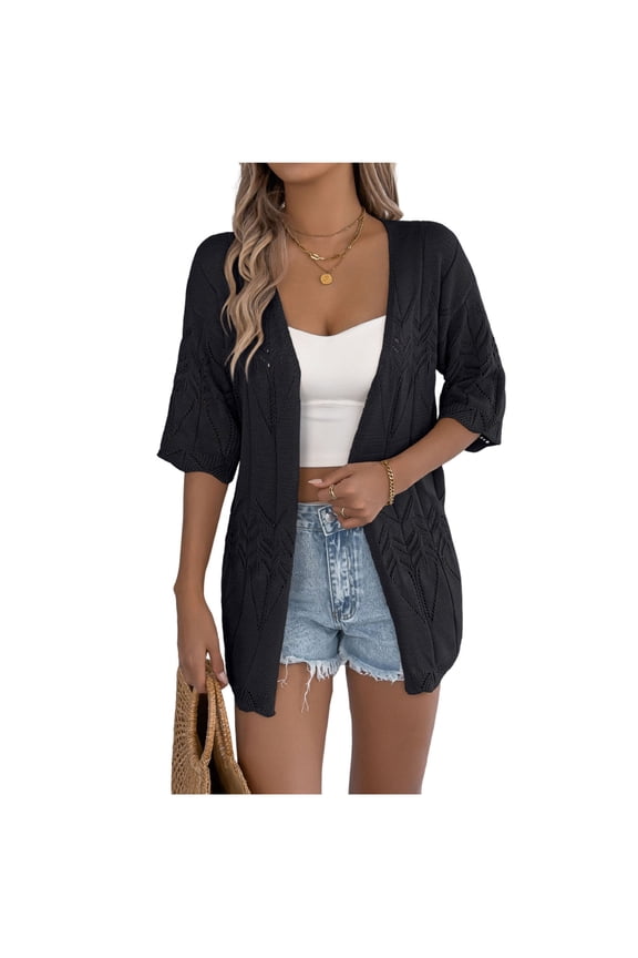 Womens 2026 Lightweight Crochet Cardigan Sweaters Open Front 3/4 Sleeve Knit Kimono Summer Boho Cover Up Black M