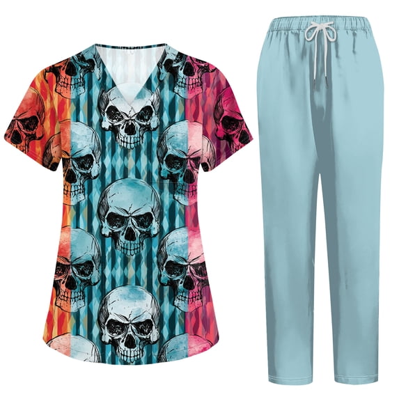 Womens 2026 New Halloween V-Neck Scrub Set, 2-Piece Short Sleeve Top & Pants Medical Uniform with Multi Pockets, Stylish Workwear for Nurses & Caregivers, 01-Light Blue, XXL