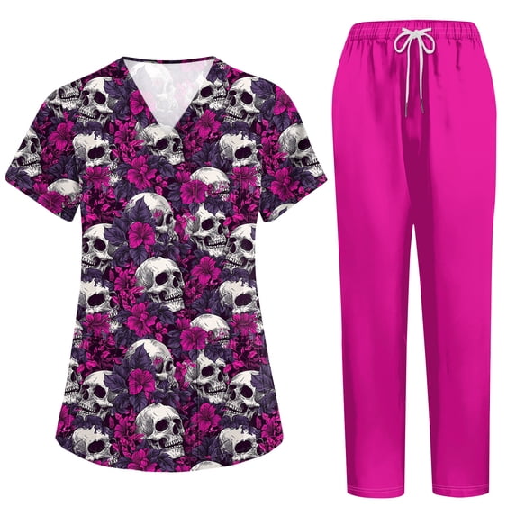 Womens 2026 New Halloween V-Neck Scrub Set, 2-Piece Short Sleeve Top & Pants Medical Uniform with Multi Pockets, Stylish Workwear for Nurses & Caregivers, 02-Purple Pink, S