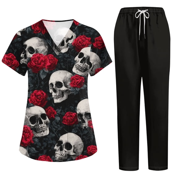 Womens 2026 New Halloween V-Neck Scrub Set, 2-Piece Short Sleeve Top & Pants Medical Uniform with Multi Pockets, Stylish Workwear for Nurses & Caregivers, 02-Vermilion, L