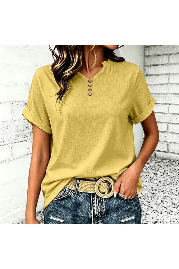 Womens 2026 New Summer Tops Spring Short Sleeve V Neck True Classic T Shirt Casual Cute Fashion Beach Vacation Clothes(Light Yellow,XL)