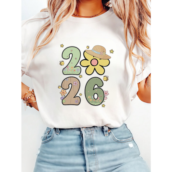 Womens 2026 New Year Print Tshirts Floral & Hat & Bee Illustration Design Graphic Tees Short Sleeve Shirts Casual Tops for Holiday White,3XL
