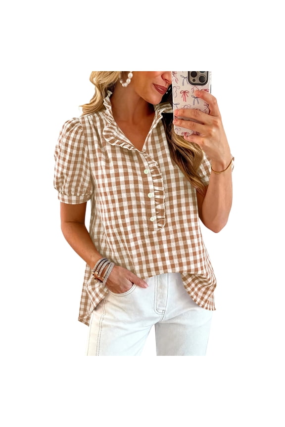 Womens 2026 Puff Short Sleeve Summer Tops Striped Plaid Ruffle Button Down Shirts Business Casual Work Blouse Khaki L