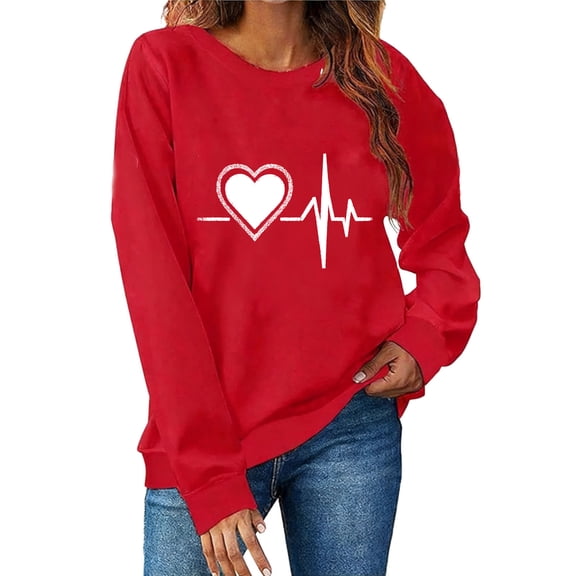Womens 2026 Romance Tops Comfy Round Neck Hoodless Sweatshirt Fashion Valentines Printed Long Sleeve Tees Cute Date Outfits Casual Love Clothing Soft Shirts