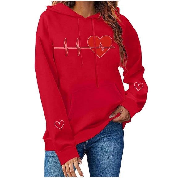 Womens 2026 Romance Tops Trendy Hooded Sweatshirt Valentines Day Printed Long Sleeve Outfits Cute Love Tees Comfy Date Clothing Soft Casual Shirts