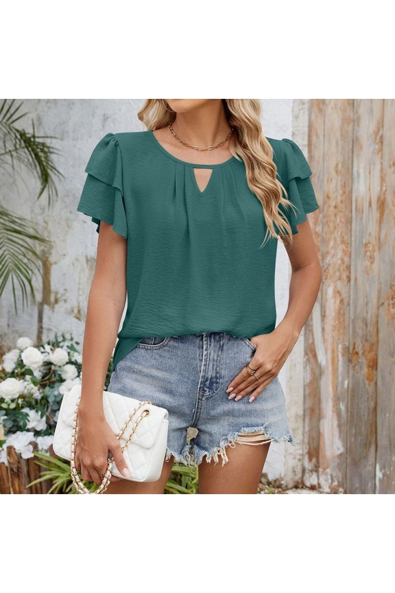 Womens 2026 Spring Casual Tops Solid Color Crew Neck Hollow Double Layer Short Sleeve T Shirt Summer Fashion Basic Tees