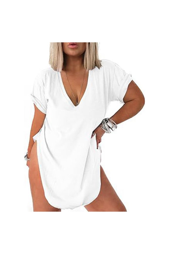 Womens 2026 Spring Casual Tops Summer Deep V Neck Short Sleeve Side Slits Oversized Shirts Fashion Tees