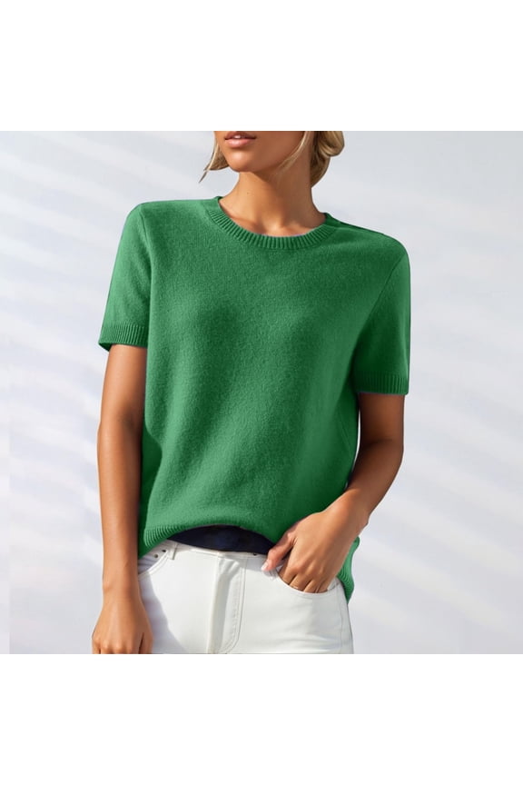 Womens 2026 Spring V Neck Sweater Casual Tops Short Sleeve Lightweight Ribbed Knit Pullover Sweaters Dark Green L