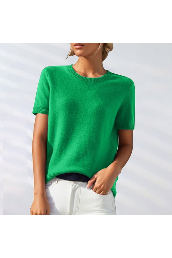 Womens 2026 Spring V Neck Sweater Casual Tops Short Sleeve Lightweight Ribbed Knit Pullover Sweaters Green XL