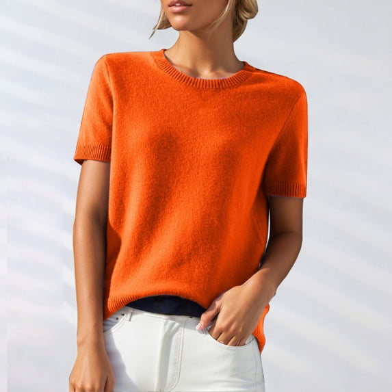 Womens 2026 Spring V Neck Sweater Casual Tops Short Sleeve Lightweight Ribbed Knit Pullover Sweaters Orange M