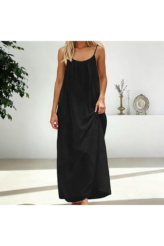 Womens 2026 Summer Backless Cami Maxi Dress Sleeveless House Dress Spaghetti Strap Beach Flowy Vacation Sundress