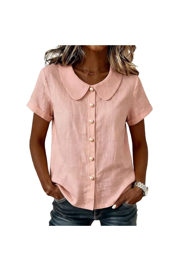 Womens 2026 Summer Cotton Linen Blouse Peter Pan Collar Half Sleeve Puff Cuff Button Down Casual Work Shirt L