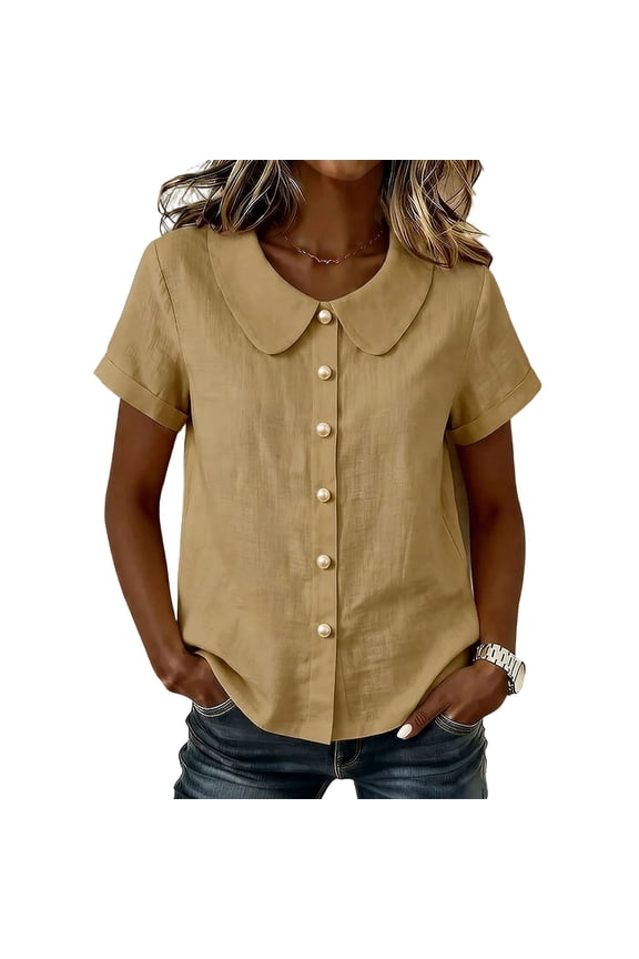 Womens 2026 Summer Cotton Linen Blouse Peter Pan Collar Half Sleeve Puff Cuff Button Down Casual Work Shirt S