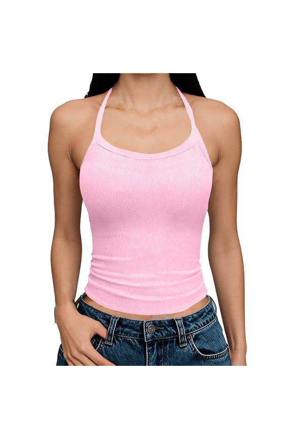 Womens 2026 Summer Fashion Tops Ribbed Knit Camisoles Round Neck Sleeveless Blouses Casual Backless Clothing Comfy Halter Tops