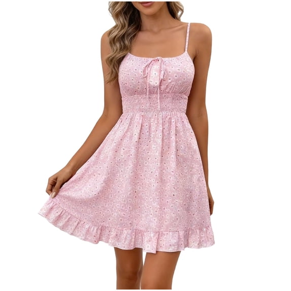Womens 2026 Summer Floral Mini Dress Boho Flowy Skater Dresses Short Sleeveless Ruffle Spaghetti Strap Dress