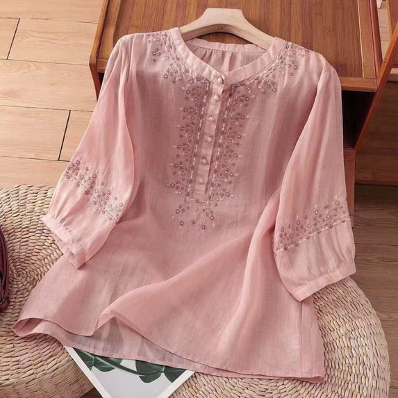Womens 2026 Summer Linen Tops Crew Neck Embroidered Print Basic Fashion Y2K T Shirts Casual Relaxed Fit Half Sleeve Tees Spring