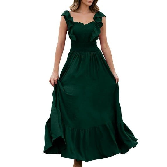 Womens 2026 Summer Maxi Dresses Solid-Color Retro Off-the-Shoulder ...
