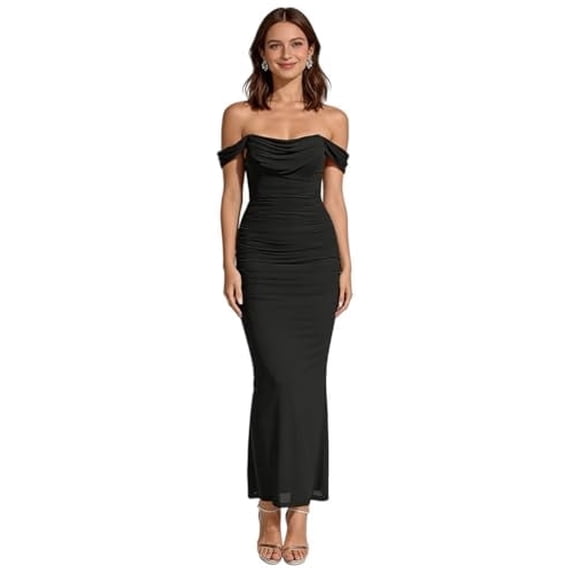 Womens 2026 Summer Off The Shoulder Dress Ruched Bodycon Sleeveless Split Cocktail Party Maxi Dresses