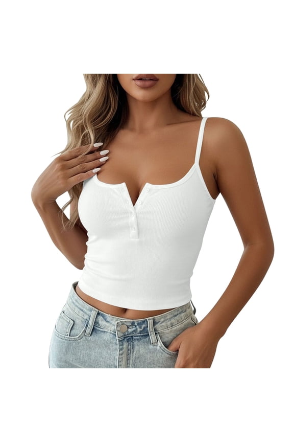 Women's Ribbed Henley Button Cami Tops, Slim Fit Cropped Spaghetti Strap Tank Tops, Casual Basic Camisoles S-2XL