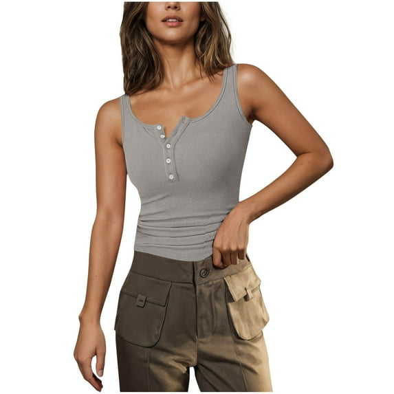 Womens 2026 Summer Tank Tops Ribbed Knit Slim Fit Sleeveless Henley Shirts Casual Basic Button Up Blouse
