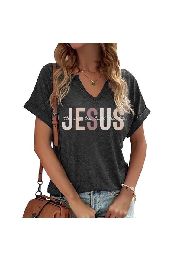 Womens 2026 Summer Tops Short Sleeve V-Neck Casual Basic Tees Jesus Print Spring T Shirts