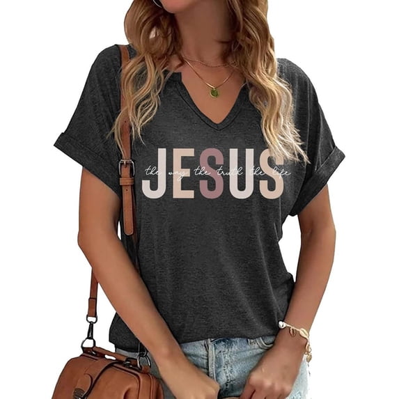 Womens 2026 Summer Tops Short Sleeve V-Neck Casual Basic Tees Jesus Print Spring T Shirts