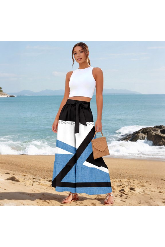 Womens 2026 Tropical Print Palazzo Pants Elastic High Waist Ties Wide Leg Flowy Vacation Trousers Sky Blue M