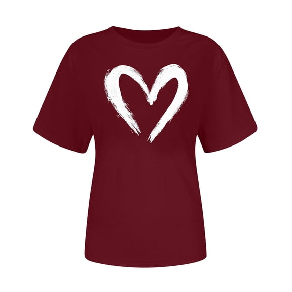 Womens 2026 Valentines Cute Heart Printed Round Neck Short Sleeve T-shirt Soft Casual Outfits Daily Commute Tees Romance Love Clothing Trendy Loose Shirts Tops