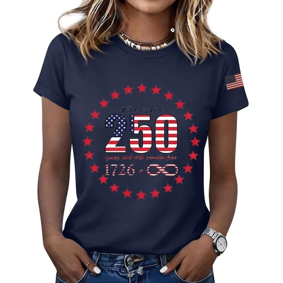 Womens 250 Anniversary Shirt 1776-2026 Patriotic Printed Crew Neck Short Sleeve Comfy T-Shirt Vintage Regular Fit Soft Spring Summer Tees,XXL,#01 Navy