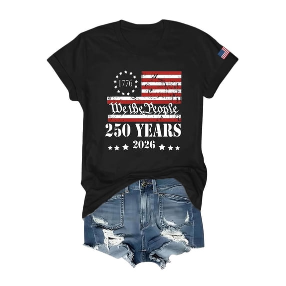 Womens 250 Years 2026 We The People Print Short Sleeve Crew Neck T Shirt Casual Loose Fit Top Tee Black 3XL