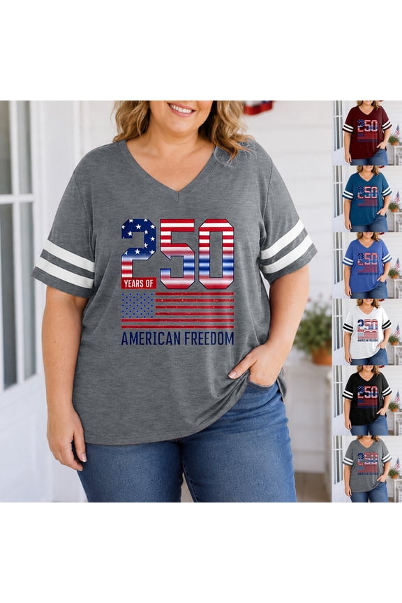 Womens 250Th Anniversary Usa Shirt Women's Double Stripe V Neck Short Sleeve Plus Size Tee Womens Tshirt White XL