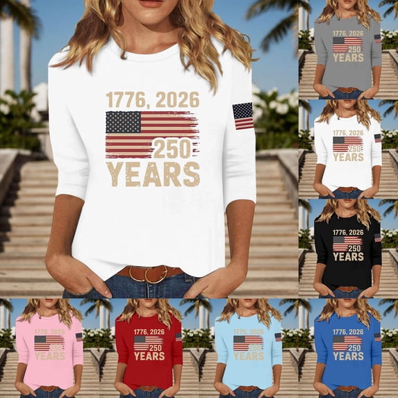 Womens 250Th Anniversary Usa Shirt Women's Patriotic Holiday 3/4 Sleeve Round Neck Casual Comfort Tee Womens T Shirt Grey L