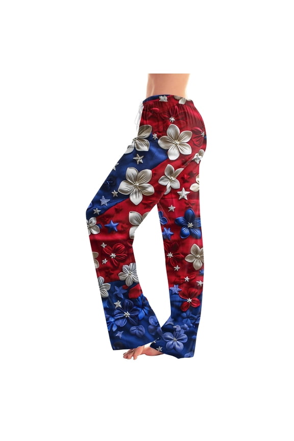 Womens 250th Anniversary Pajama Patriotic American Flag Print Elastic High Waist Pajama Bottoms Wide Leg Casual Daily Wear Casual Pants, #01 Red, S