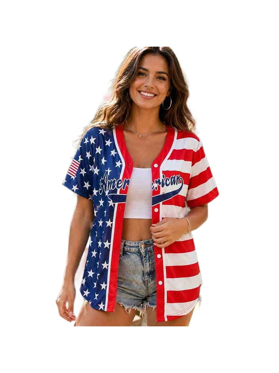Womens 250th Anniversary USA Jerseys - 4th of July Button Down American Flag and Star Patriotic Baseball Shirt