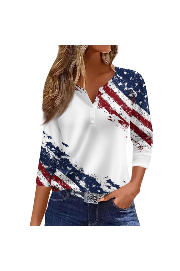 Womens 250th Anniversary USA Shirts 3/4 Sleeve T Shirts Casual Red White and Blue Print Pullover Independence Day Patriotic Tops 4th of July Celebration Party V Neck Blouses Multicolor XL