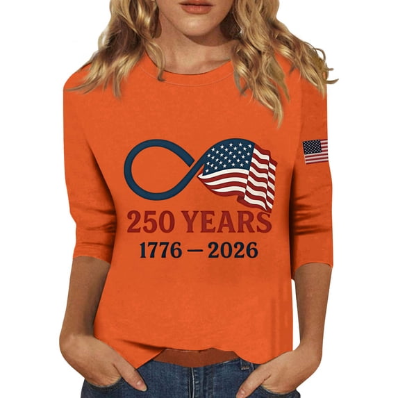 Womens 250th Anniversary USA Shirts 3/4 Sleeve Tshirts Loose Red White and Blue Print Pullover 4th of July Celebration Party Tops Independence Day Patriotic Round Neck 1776-2026 Blouses Saffron 2XL