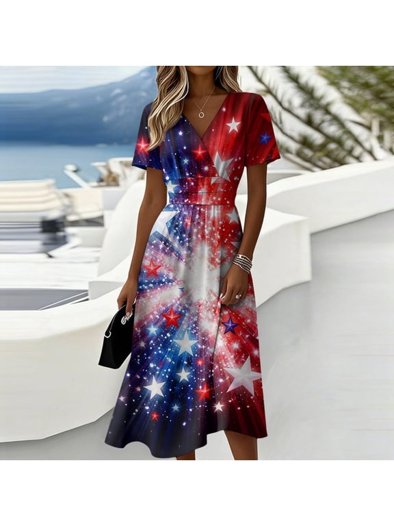 Womens 250th Anniversary Usa Dresses American Flag Independence Day Print Wrap V Neck Dress Elegant Short Sleeve Flowy Beach Boho Dress