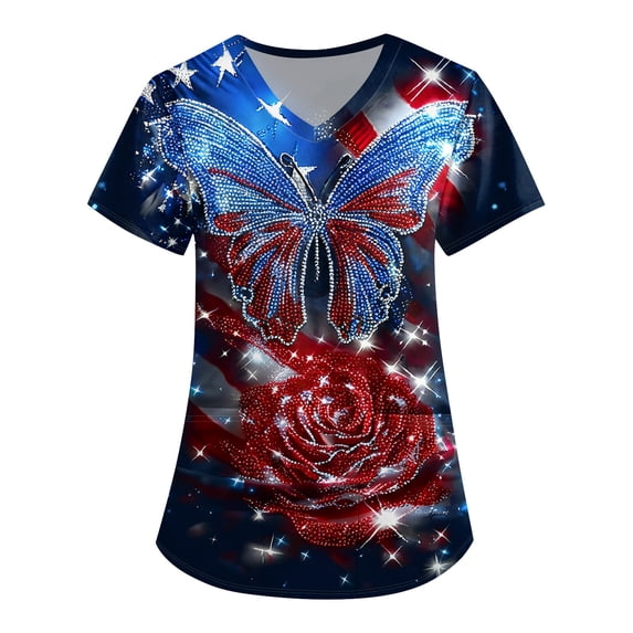 Womens 250th Anniversary USA Scrub Tops Casual Short Sleeve USA Flag Print Scrub Shirts V Neck 4th of July Celebration Party Scrubs Medical Nurse Workwear Nursing Uniform with Pockets Navy S