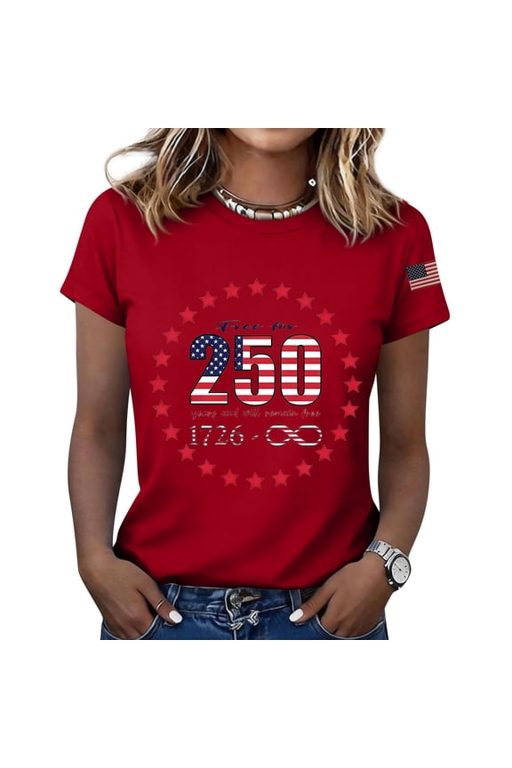 Womens 250th Anniversary Usa Shirt Patriotic Patriotic Star Print Short Sleeve Crew Neck Soft Tops Red White Blue Loose Fit Stretchy Casual Summer Tees,XL,#01 Red