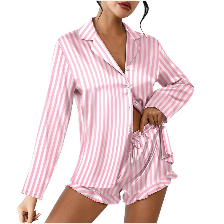 Satin Pajamas Long Sleeve Shorts Pajamas Womens 2PCS Silk Satin