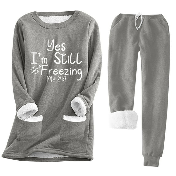 Womens 2pcs Loungwear Set Yes I'm Still Freezing Me 24 7 Thicken Winter Warm Sherpa Fleece Lined Sweatshirt +Pants Soft Pjs Sleepwear with Pocket