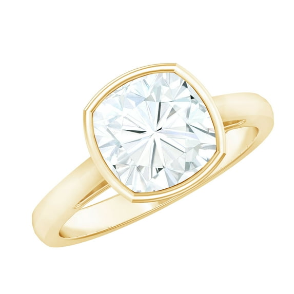 Rosec Jewels Bezel Set Cushion Shaped Moissanite Solitaire Engagement Ring 3 Carat - 8 mm - D-VS1 Quality Certified, 14K Yellow Gold, US 4.50