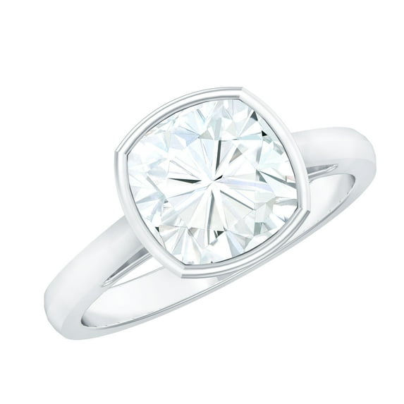 Rosec Jewels Moissanite Solitaire Engagement Ring 3 Carat - 8 mm Cushion Cut - D-VS1 Quality Certified Bezel Set Moissanite Ring, 18K White Gold, US 6.00