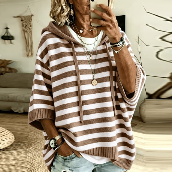 Womens 3/4 Batwing Sleeve Sweater Fashion Striped Hoodies Fall Pullover Sweatshirts S-2XL