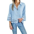 thumbnail image 1 of Womens 3/4 Bell Sleeve Button Down Shirts Casual Ruffle Hem Tops Eyelet Blouse Light Blue M, 1 of 6