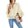 thumbnail image 1 of Womens 3/4 Bell Sleeve Button Down Shirts Casual Ruffle Hem Tops Eyelet Blouse Light Yellow M, 1 of 8
