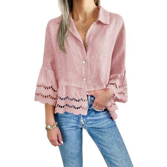 Womens 3/4 Bell Sleeve Button Down Shirts Casual Ruffle Hem Tops Eyelet Blouse Pink XXL