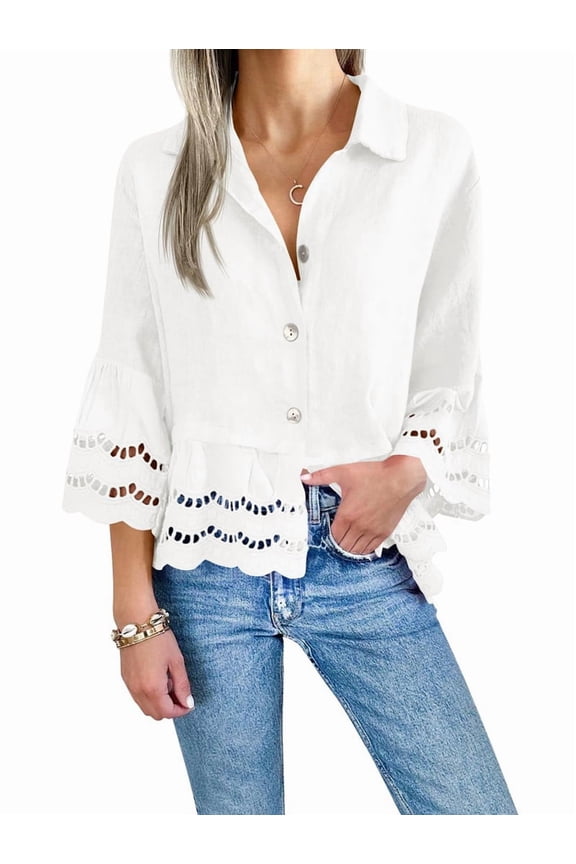 Womens 3/4 Bell Sleeve Button Down Shirts Casual Ruffle Hem Tops Eyelet Blouse White M